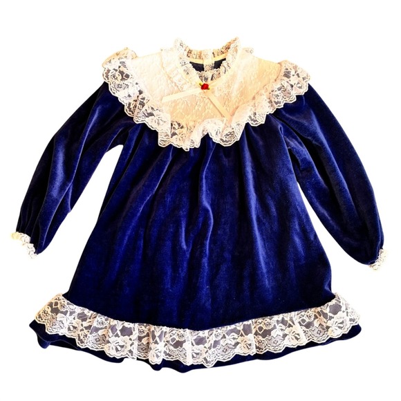 Evy Other - Vintage Evy Girls Royal Blue Velvet Lace Collar Dress Size 6 S4849K Made in USA